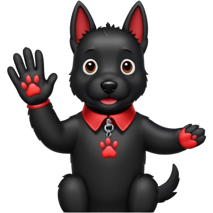 Black Scottie dog wearing red collar with paw print tag waving goodbye emoji