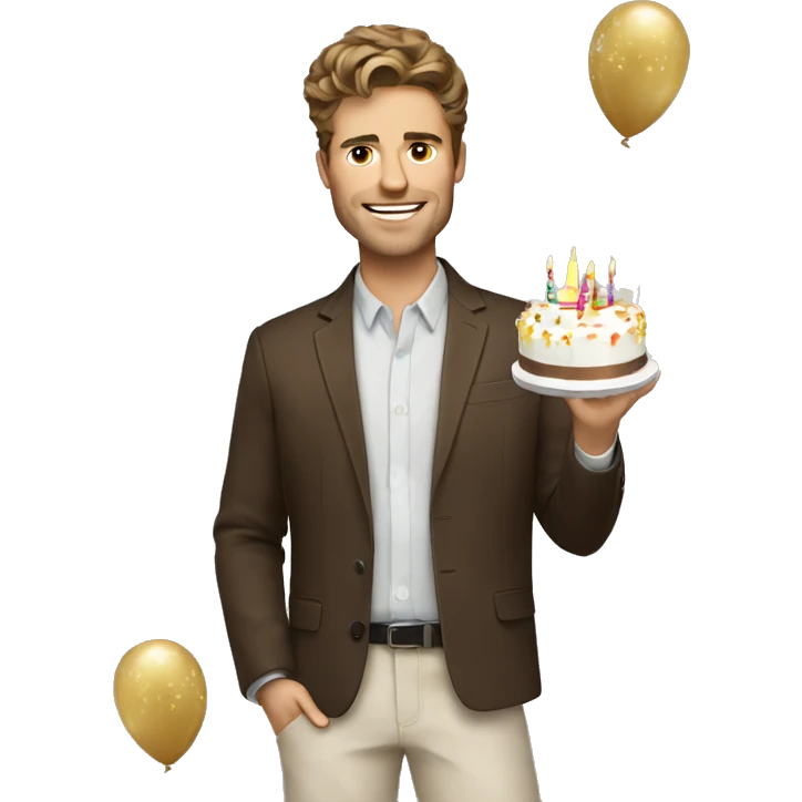 stylish brown haired white man with birthday celebration vibe emoji