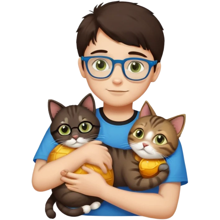 a boy with dark brown hair, slightly greenish eyes and blue glasses, wearing a black t-shirt, hugging a furry tabby cat with honey-colored eyes emoji