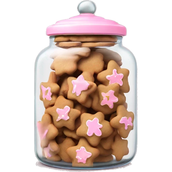 Realistic glass cookie jar with light pink lid full of gingerbread cookies isolated.  emoji
