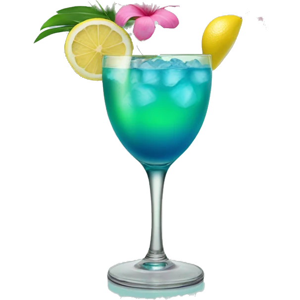 Blue/green cocktail with pink tropical flowers and lemon emoji