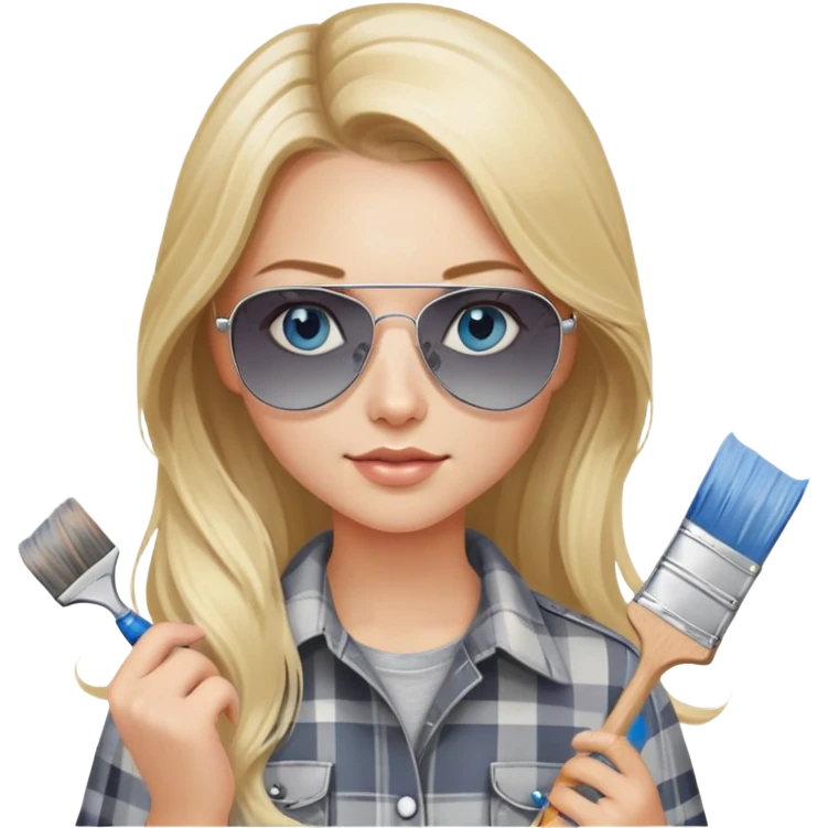 girl with long blond hair, wearing grey plaid shirt with blue eyes and aviator sunglasses wearing a ring on her silver necklace, holding a paint brush roller emoji