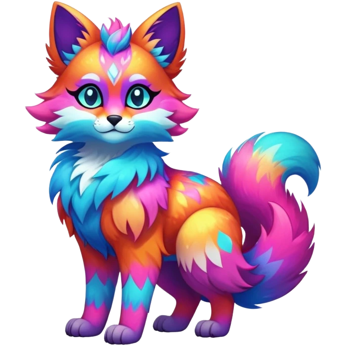 Vibrant multicolored neon-colored Falvie-Fionbri-creature-sparkle-feline-canine-hybrid-fursona, full body, fur pattern-markings emoji