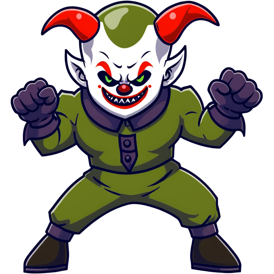 evil clown warrior, bald, very short black devil-like horns on forehead, fangs, pointed ears, black and military green leisure suit, realistically proportioned, bulky and muscular human body, full body visible, battle-ready fighting posture emoji