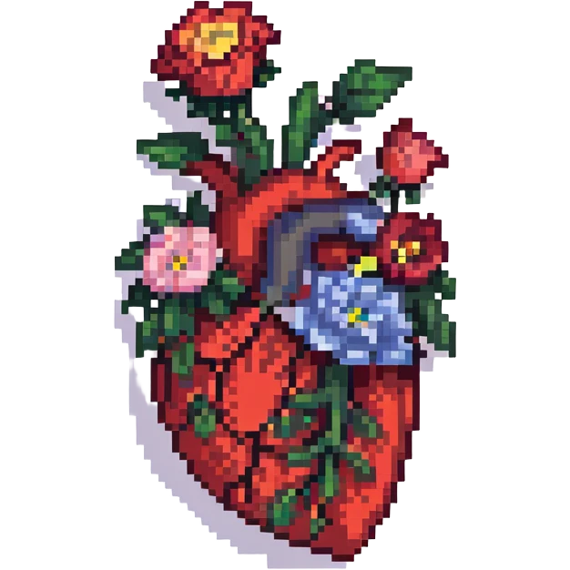 anatomical heart with flowers, pixel art style emoji
