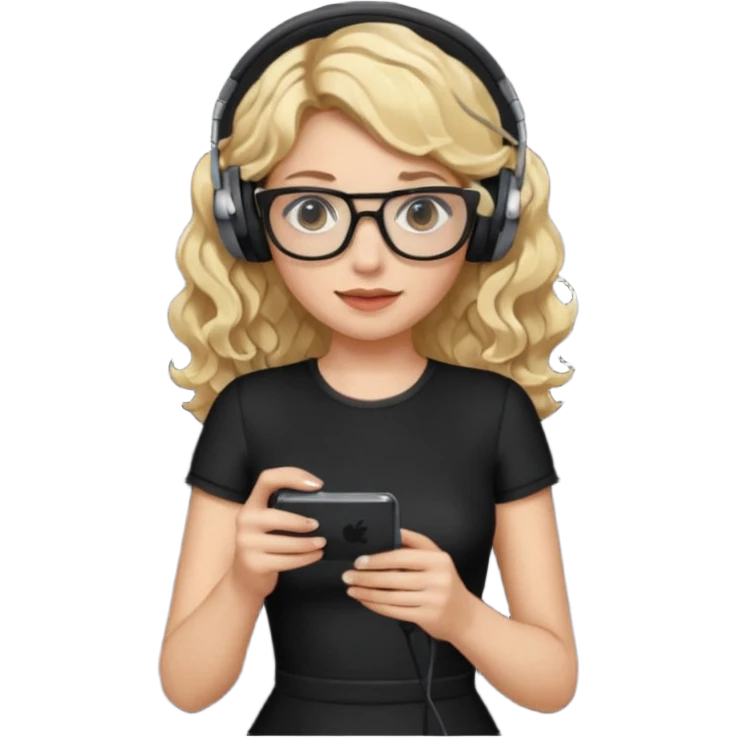 
gamer, woman with blond wavy hair, tight black dress with a white line with glasses, headphone, gamepad emoji