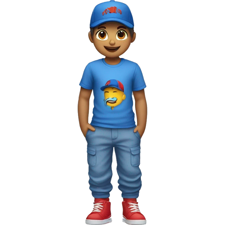 Hazme una imagen de un niño con gorra con el pelo azul y que tiene una camiseta de una x y un pantalón azul y zapatos rojos emoji