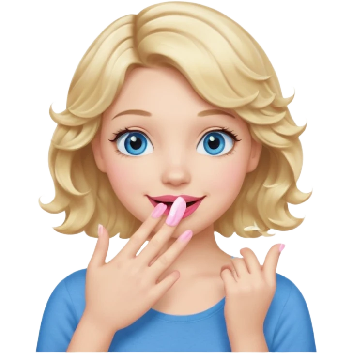Girl Blonde short wavy hair,  blue eyes, cute blue top, long lashes, pink lips, smiling, hand covering the mouth emoji