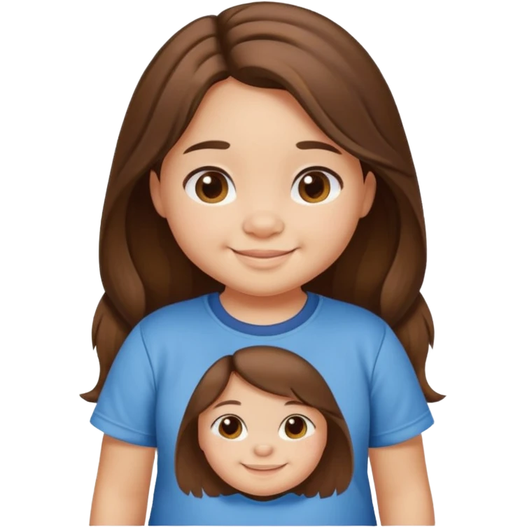 Une petite fille qui a des grosse joux qui est brune qui a les cheveux long et qui a un tee shirt stitch emoji