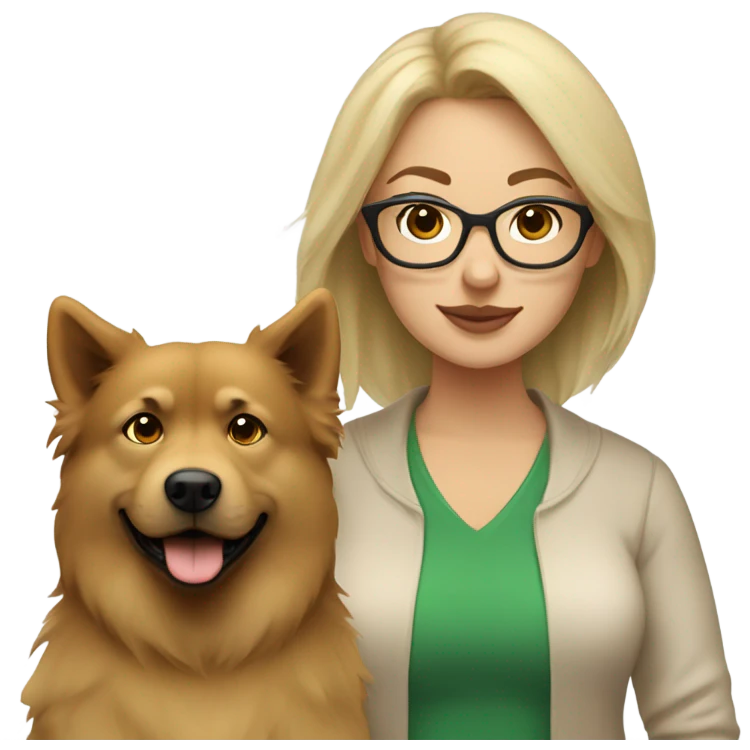Brown light hair woman aux Green eyes with glasses Green eyes and light beige eurasier dog  emoji