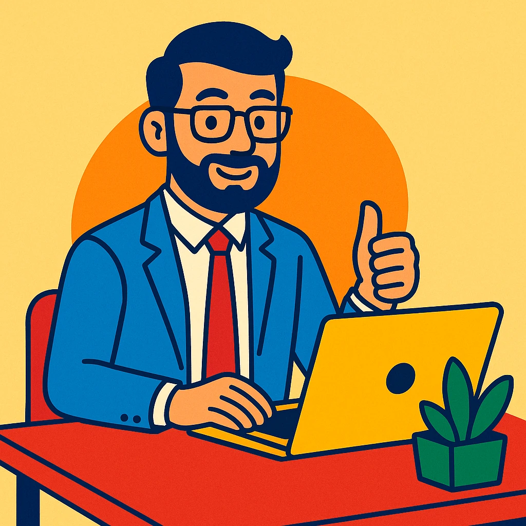 A 35-year-old male business coach sitting at a desk with a laptop emoji