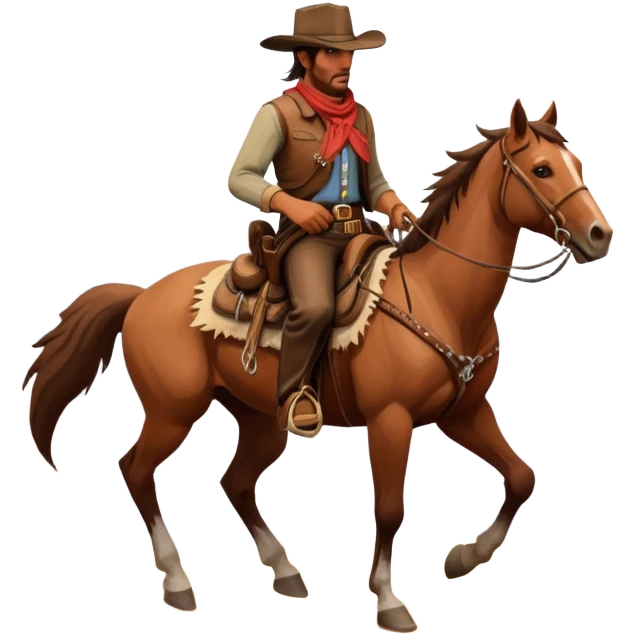 An icon representing an adventure game, inspired by Red Dead Redemption II. The design features a rugged cowboy riding a horse through a vast, open landscape with mountains, deserts, and wild animals. The atmosphere conveys exploration, action, and the thrill of the journey. Transparent background emoji