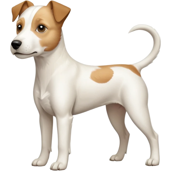 a full body buff white parson russell terrier looking dog the size of a kelpie with light brown long ears and a light brown patch on one eye and a large snout. the rest of the dog is completely white. forward facing emoji
