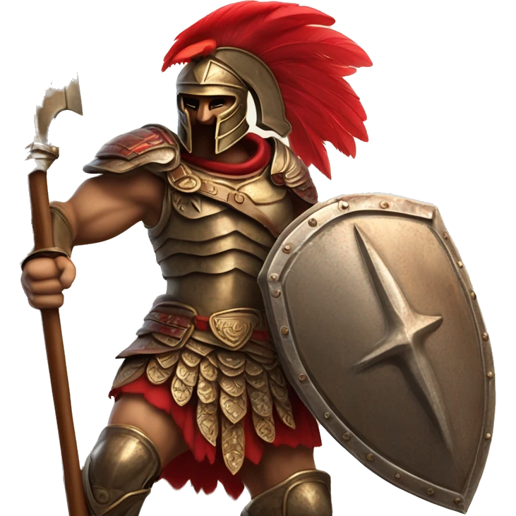 Fantasy spartan warrior, male, wearing detailed bronze armor with a red plumed helmet, wielding a spear and a round shield with intricate designs battlefield in the background in a highly detailed and realistic style.
 emoji