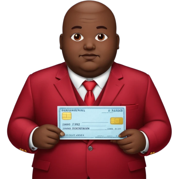 fat guy bold head in dark red velvet suit holding cheque emoji