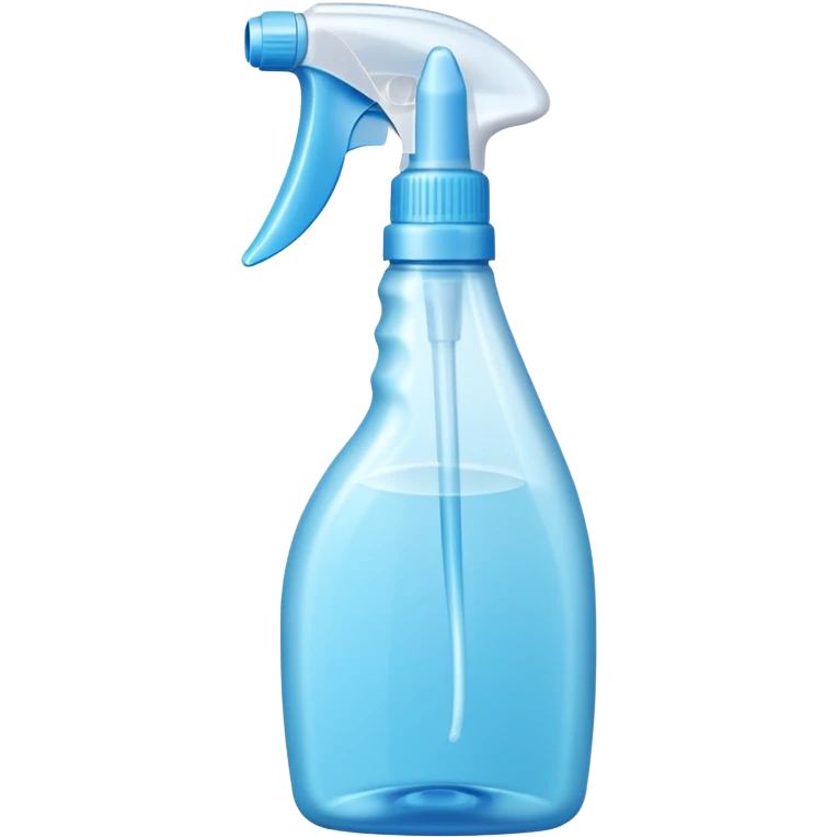 transparent plastic spray bottle filled with light blue liquid, clean trigger top, ergonomic shape, soft curves, slight shine, clarity and freshness, no label, no cloth, no window, closed spray bottle, soft lighting, subtle shadows, emoji scale emoji