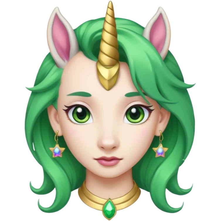 unicorn with green hair and big earrings looking into camera emoji