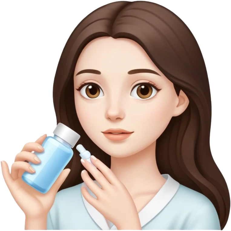 beautiful pale brunette girl with long hair doing skincare routine  emoji