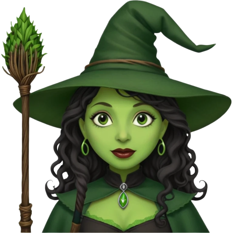 elphaba the wicked witch from wicked movie (cynthia erivo) dark long curly hair, thick lips, green skins, witch hat, witch broom, evil, wicked musical film  emoji