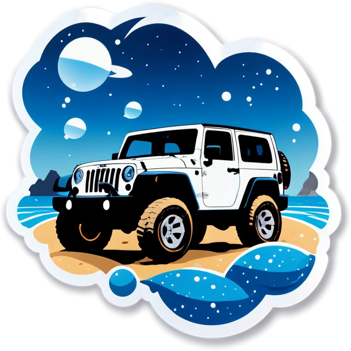 White jeeps on sand with bubbles emoji
