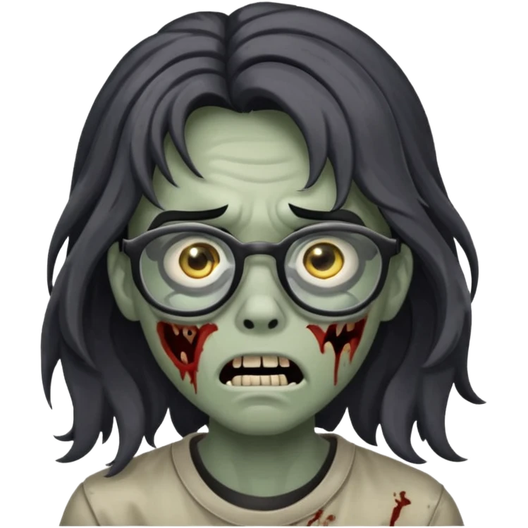 Faça um adolescente zombie com cara de assutado com cortes no rosto, com óculos é cabelos grandes ondulado preto emoji