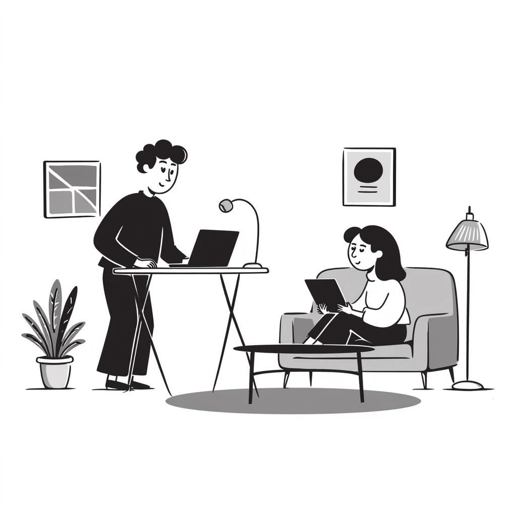 escenary 3d of a cozy mid-century living room with two people working on laptops, one man standing at a desk and one woman sitting on a couch, two walls and floor visible emoji
