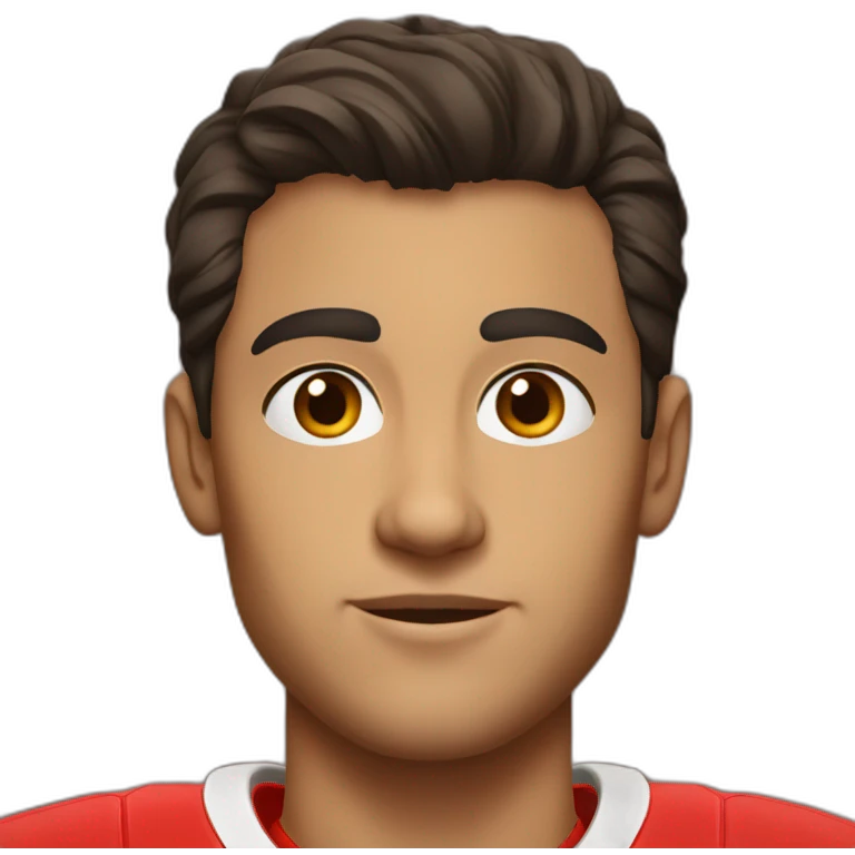 a young man with no beard and very short dark hair and brown eyes in a red ferrari jersey emoji