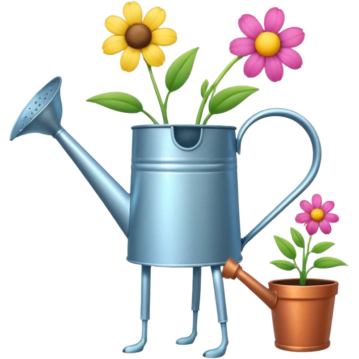 give me a watering can with legs. anthropomorphise the can. have the can watering 3 plants on the grown (flowers) emoji