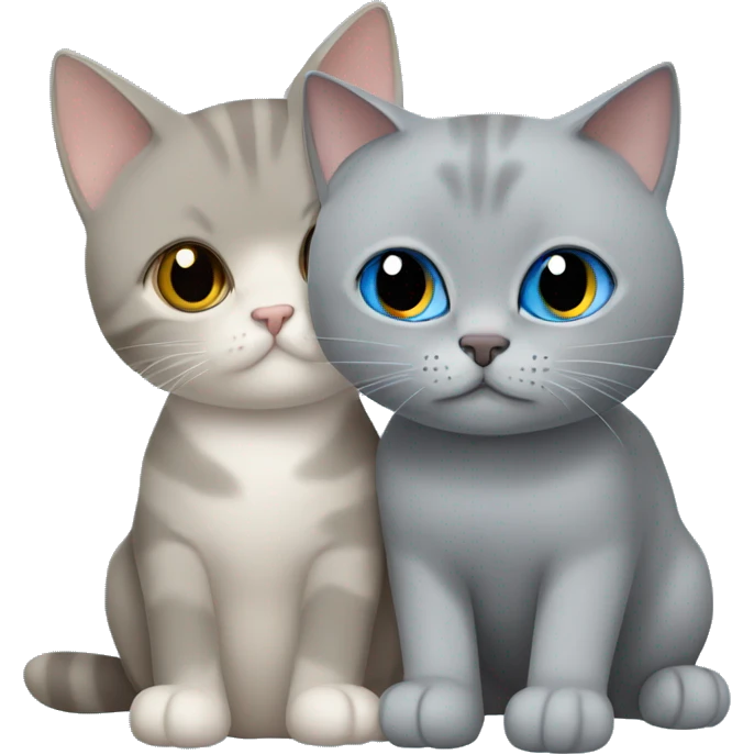 Grey cat with folded ears cuddling with beige British shorthair with blue eyes  emoji