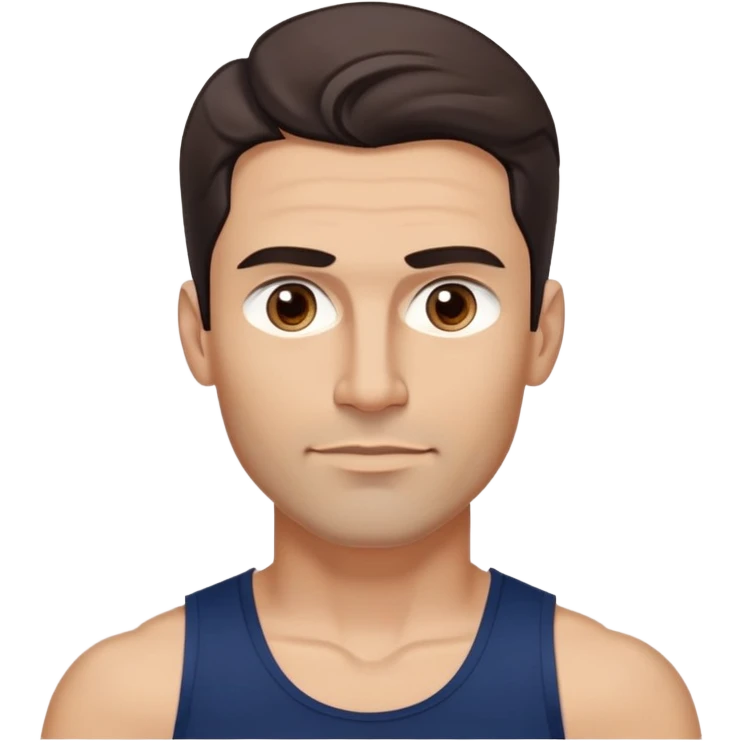 Youthful-looking athletic 40-year-old man with light brown skin, elongated face, defined jawline, attractive features, medium dark eyes, arched eyebrows, straight nose, confident expression, medium wavy dark hair with modern style, wearing a navy blue tank top emoji