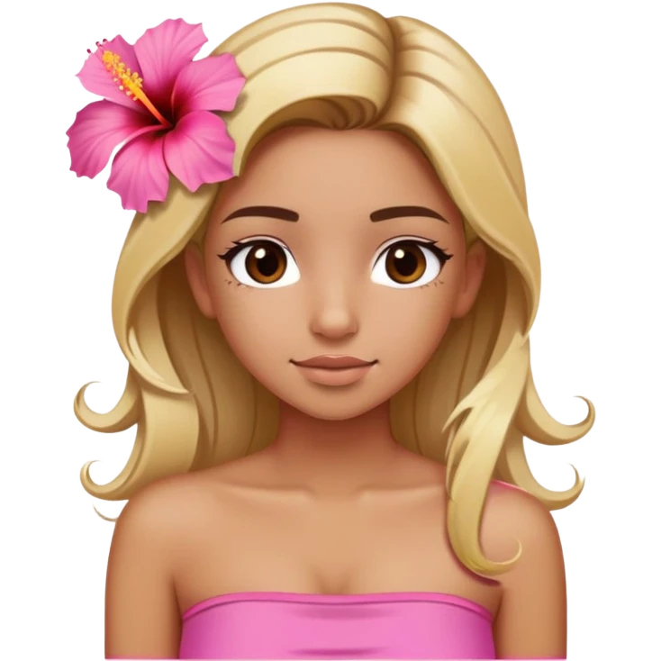 tan girl with blonde hair and brown highlight streaks with a hibiscus flower in her hair wearing a pink tube top with tan lines showing emoji