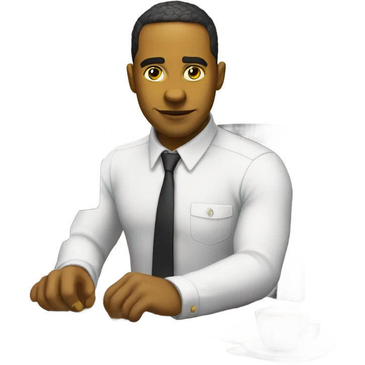 yellow skin man using white keyboard on desk wearing white button down shirt front view emoji