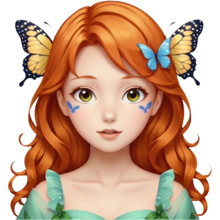 gorgeous shiny blushing anime lady with butterflies and beautiful ginger hair fairycore high quality detailed vogue trending aesthetic emoji