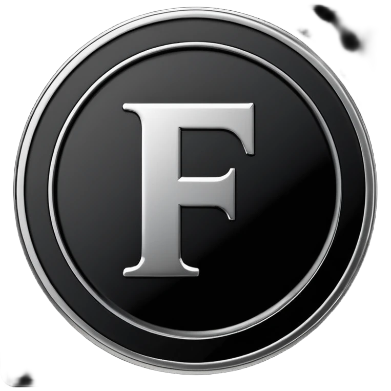 Emoji icon of a black coin with engraved letter F, minimalist style, isolated, only black color emoji