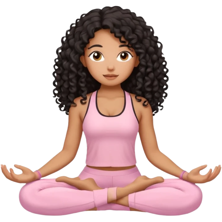 Mixed-race woman with bronzed caramel skin and long black curly hair, wearing pastel pink yoga set, sitting cross-legged in meditation, soft pastel background emoji