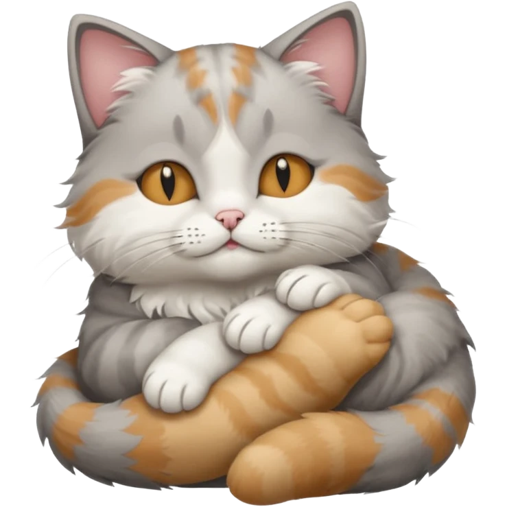 grey and white small cat with its eyes closed lying down with its paw curled under his chin holding it up emoji