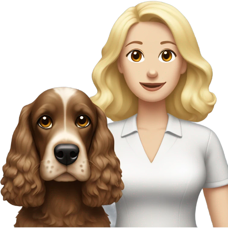 Dark brown cocker spaniel with white belly. With women with blonde hair emoji