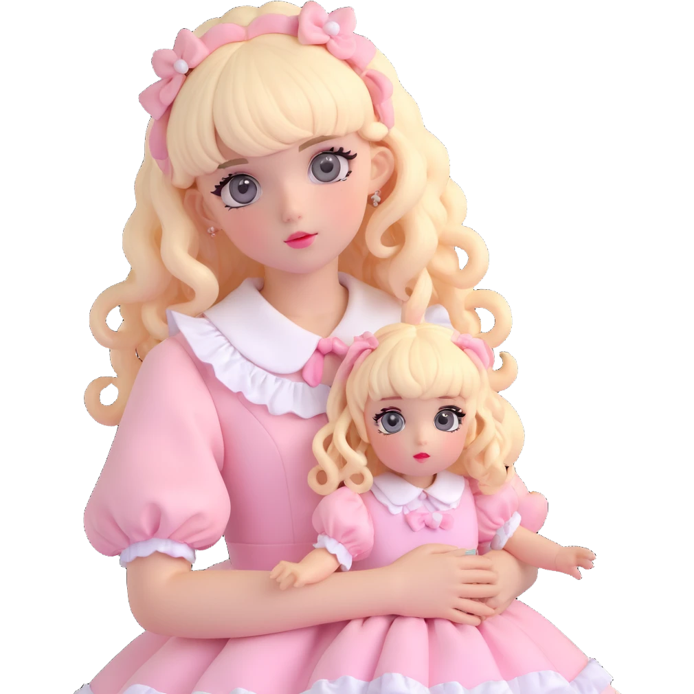 pale girl , who has curly medium length blonde and baby pink swirled hair with bangs , grey eyes , and doll like makeup , in a light pink lolita hime gyaru dress  emoji