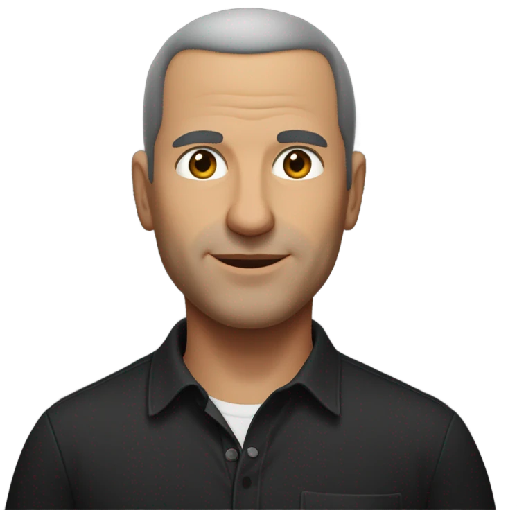 A middle-aged Italian man with olive-toned skin with buzz cut hair and no facial hair. He is wearing a sleek black smart shirt, casually unbuttoned at the top. emoji