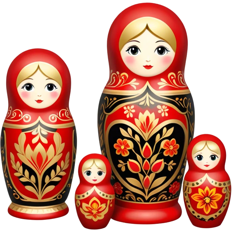 Wood painting icon, process of creating painted wooden matryoshkas (nesting dolls) of various sizes, vase, and small wooden box, visible carving tools, paintbrushes, traditional patterns in bright colors like red, gold, and black, no finished artwork, just the crafting process, minimalistic style, clean lines, transparent background. emoji