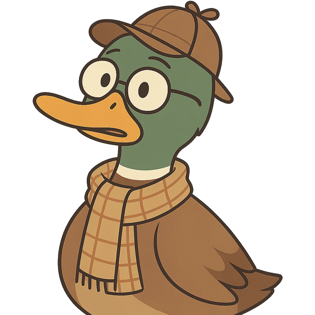 sweet mallard duck detective, wearing glasses and a plaid scarf, looking curious, soft illustration emoji