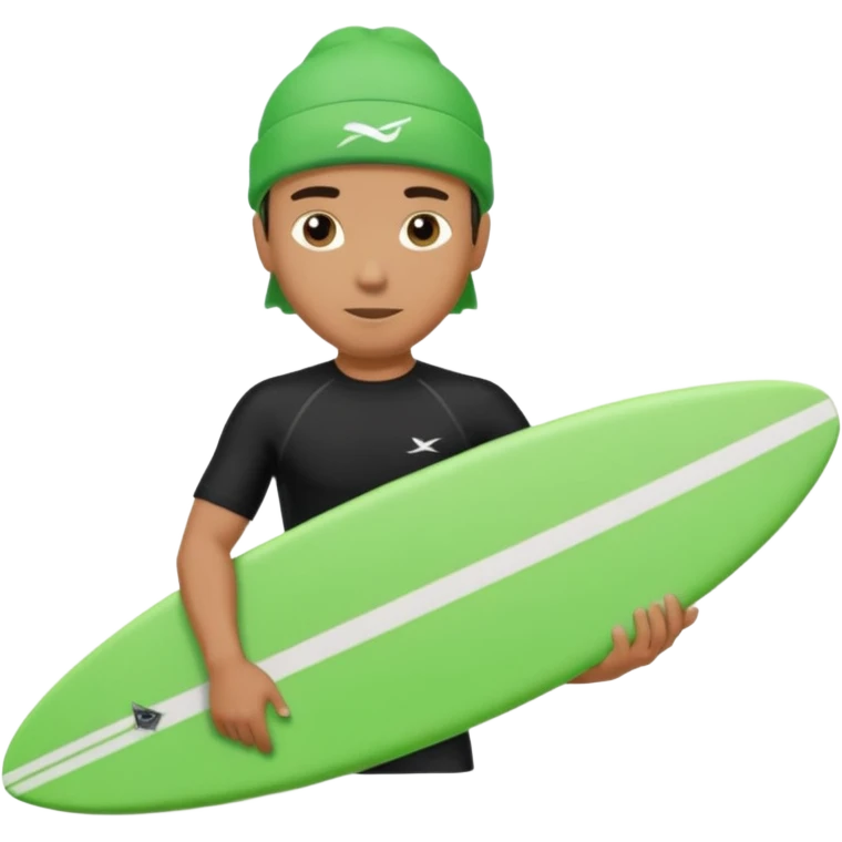 Un hombre sorteando con camisa negra con gorra para nadar y tabla verde  emoji