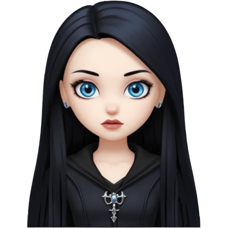 goth bratz baddie, beautiful blue eyes, long straight black hair, black gothic hair styled, black goth clothes emoji