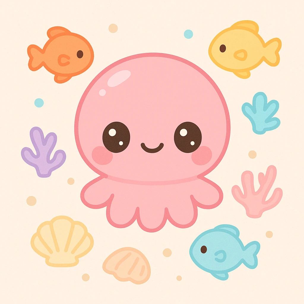 shells on sandy beach, top-down view, extremely cute underwater cartoon creature with a big round head, huge sparkling eyes, small smiling mouth, and pink shiny skin, rosy cheeks, soft pastel colors, plastic toy-like texture, chibi style, surrounded by colorful fish and coral, gentle lighting, 3D-rendered, high detail, kawaii aesthetic emoji
