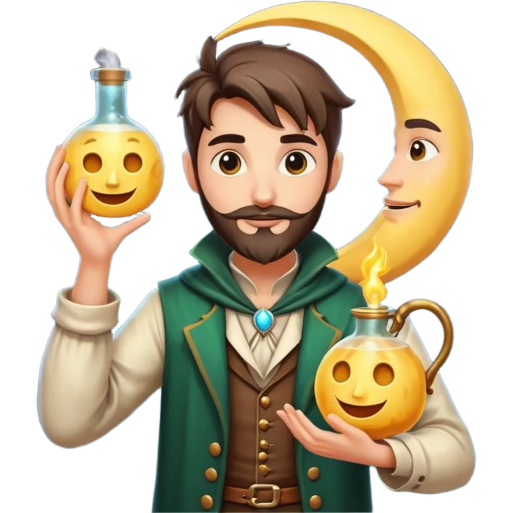 human forest alchemist character holding crescent moon like a glowing flask, mischievous idea face emoji
