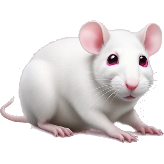 Realistic white rat with bright pink eyes lying down, full body and baby pink tail showing emoji