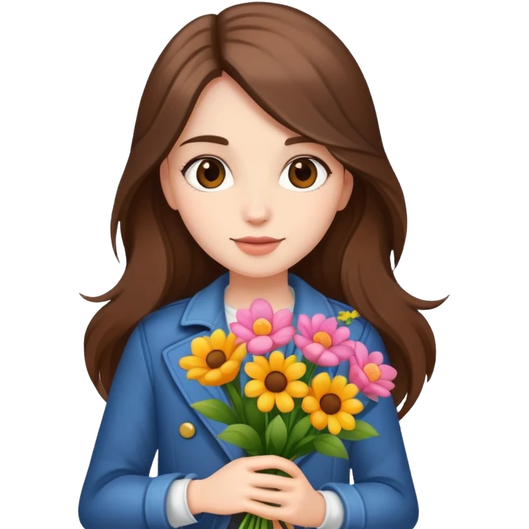 cool girl with long brown hair and fair skin holding a bouquet of flowers, trendy emoji