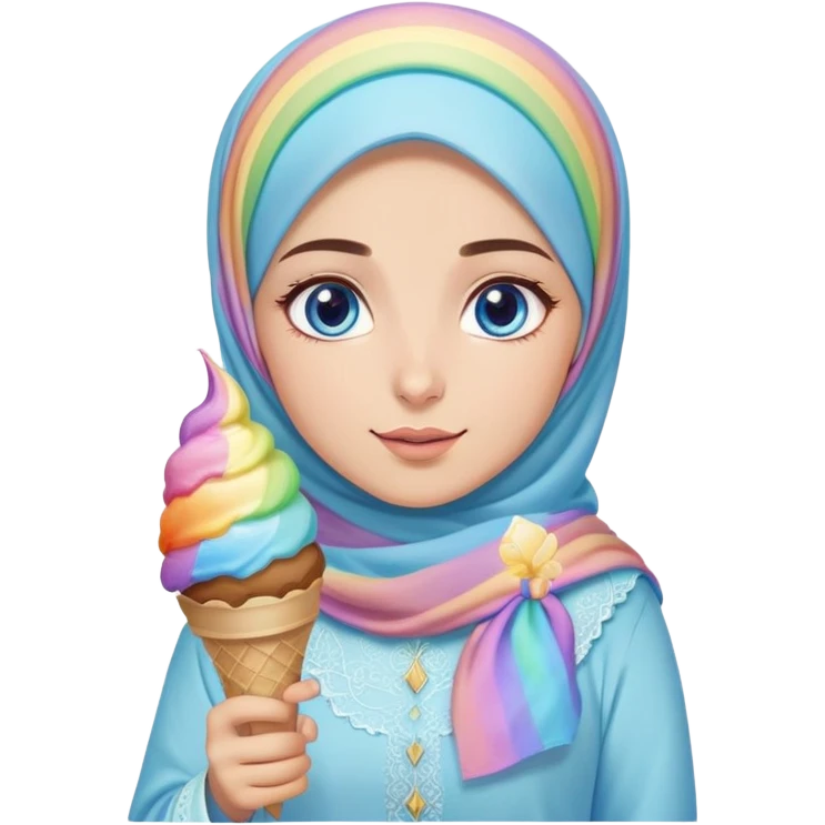 Turkish beautiful finish Konya girl blue eyes with ice cream pastel hijab islamic dress and had on her hand rainbow ice cream  emoji