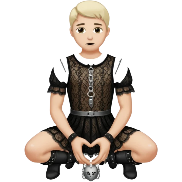 Submissive man on knees wearing female clothes and chastity emoji