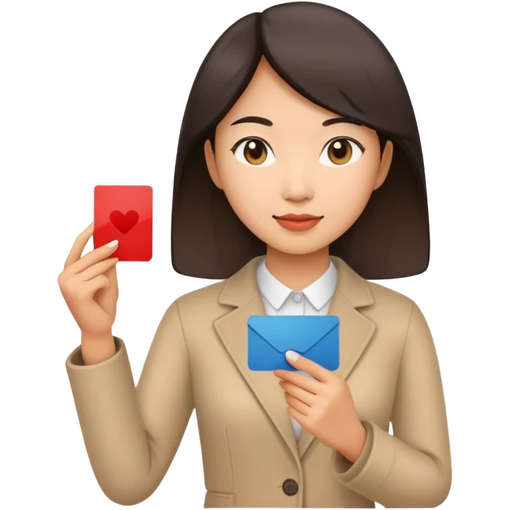 asian woman holding a card in one hand emoji